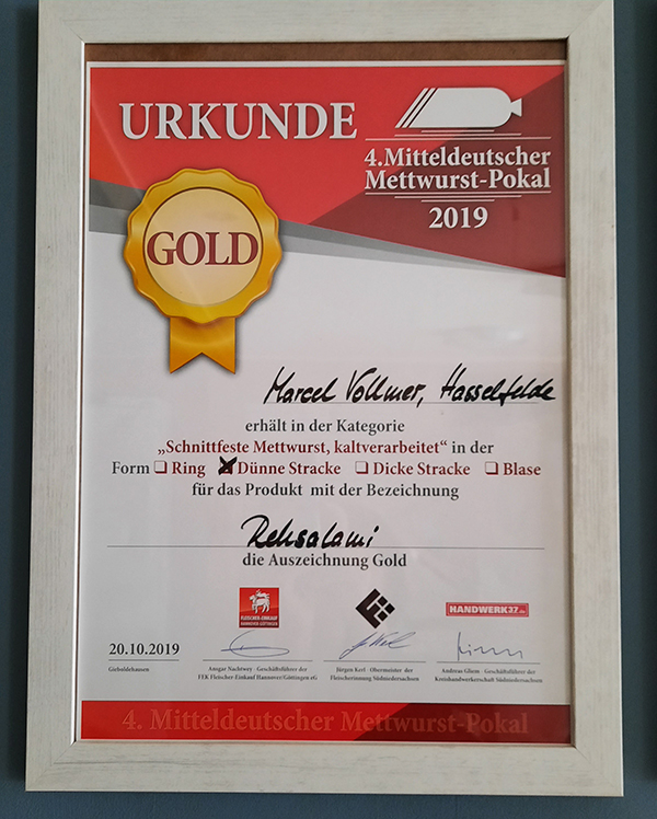 Auszeichnung für unsere Rehsalami